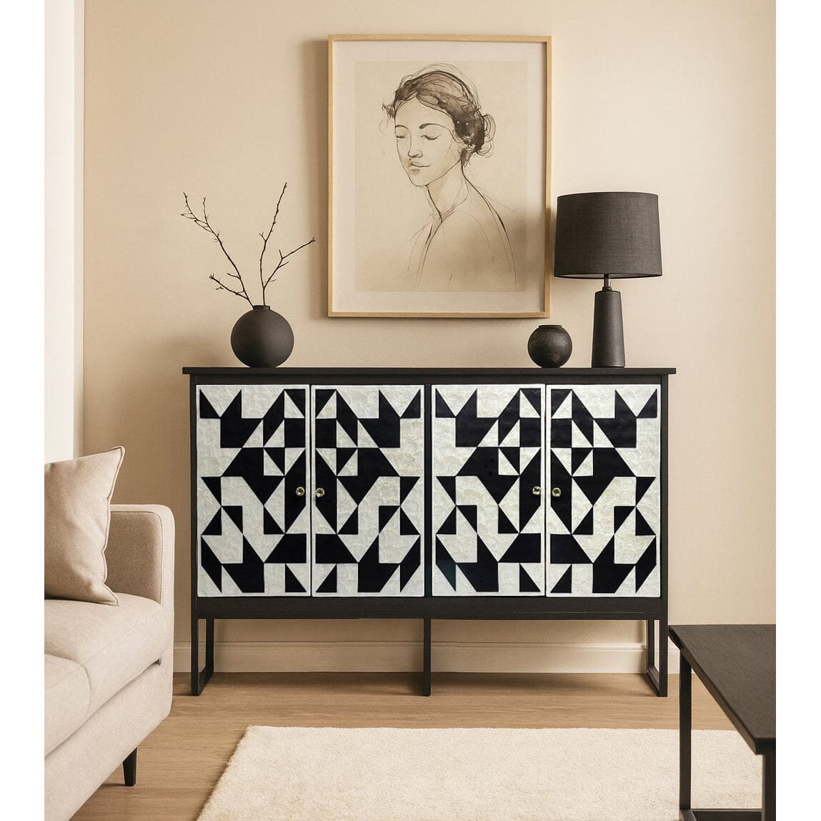 MOTHER OF PEARL HAND INLAY RUDY SIDEBOARD Cabinets & Storage Philbee Interiors 
