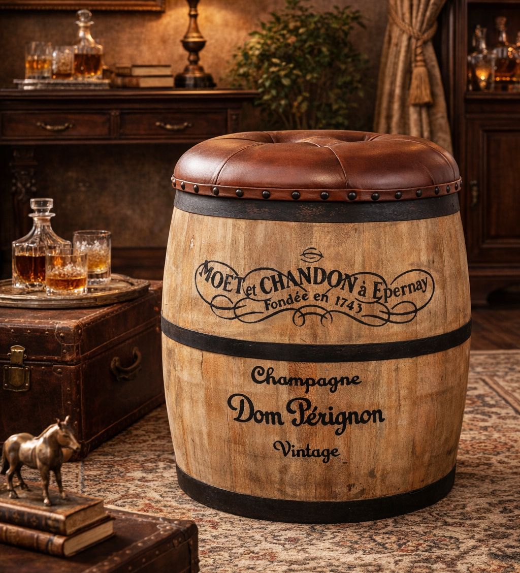 CYCLINDRICAL MOET CHANDON LEATHER OTTOMAN Philbee Interiors 