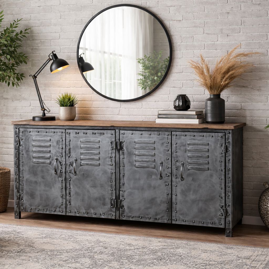 VINTAGE IRON LOCKER SIDEBOARD WITH RECLAIMED RAILWAY SLEEPER WOOD Philbee Interiors 