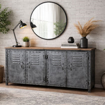 VINTAGE IRON LOCKER SIDEBOARD WITH RECLAIMED RAILWAY SLEEPER WOOD Philbee Interiors 