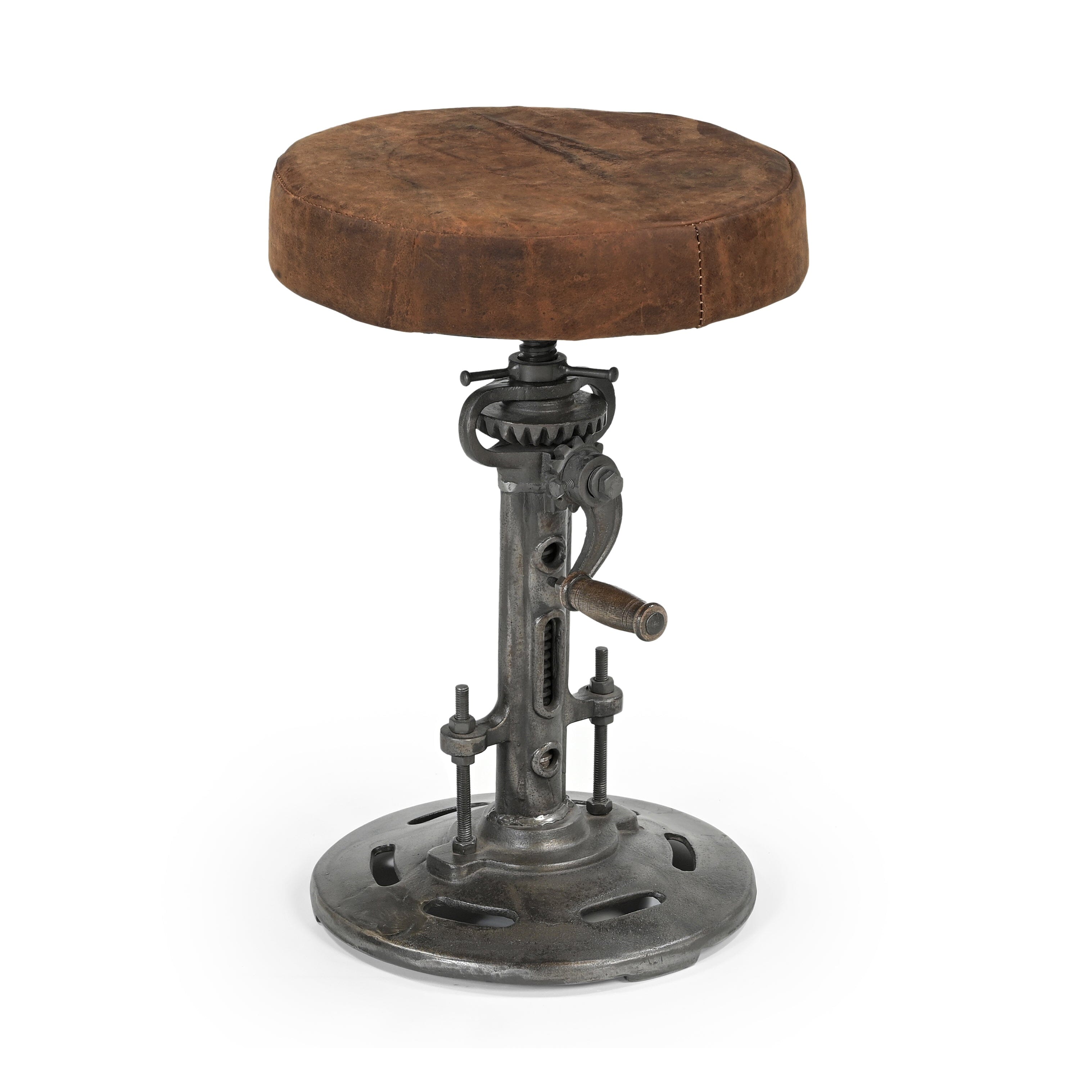 VINTAGE LEATHER WINDUP STOOL Philbee Interiors