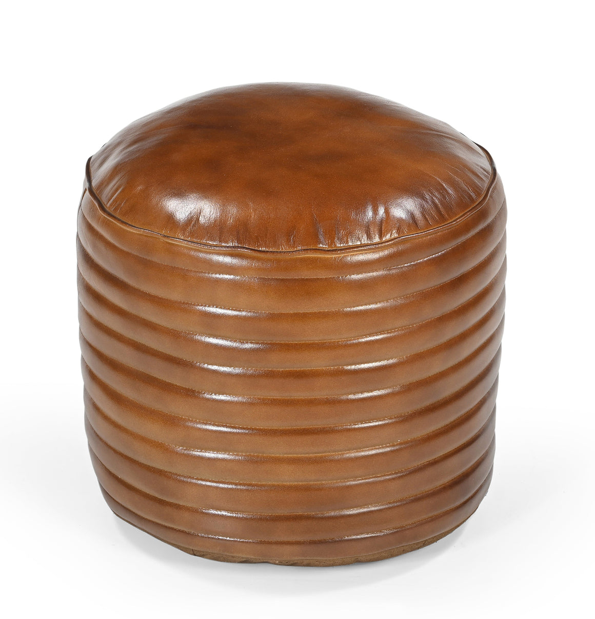 CARAMEL GROOVED LEATHER OTTOMAN Philbee Interiors 