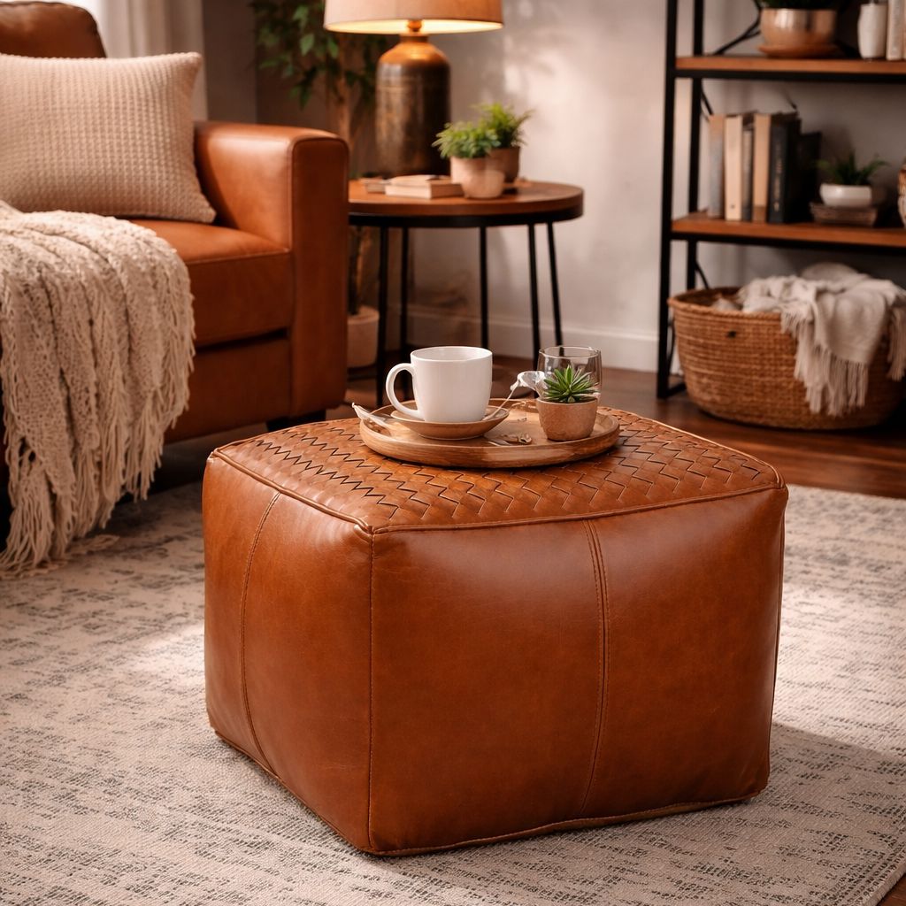 SQUARE LATTICED LEATHER OTTOMAN Ottomans Philbee Interiors 