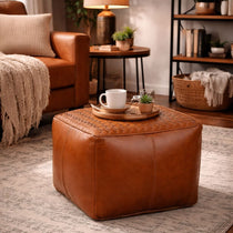 SQUARE LATTICED LEATHER OTTOMAN Ottomans Philbee Interiors 