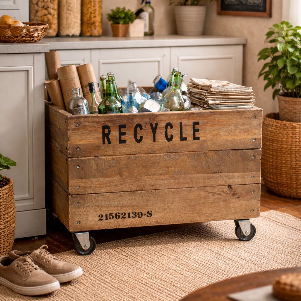 INDUSTRIAL RECYCLE BASKET ON CAST IRON WHEELS Philbee Interiors 