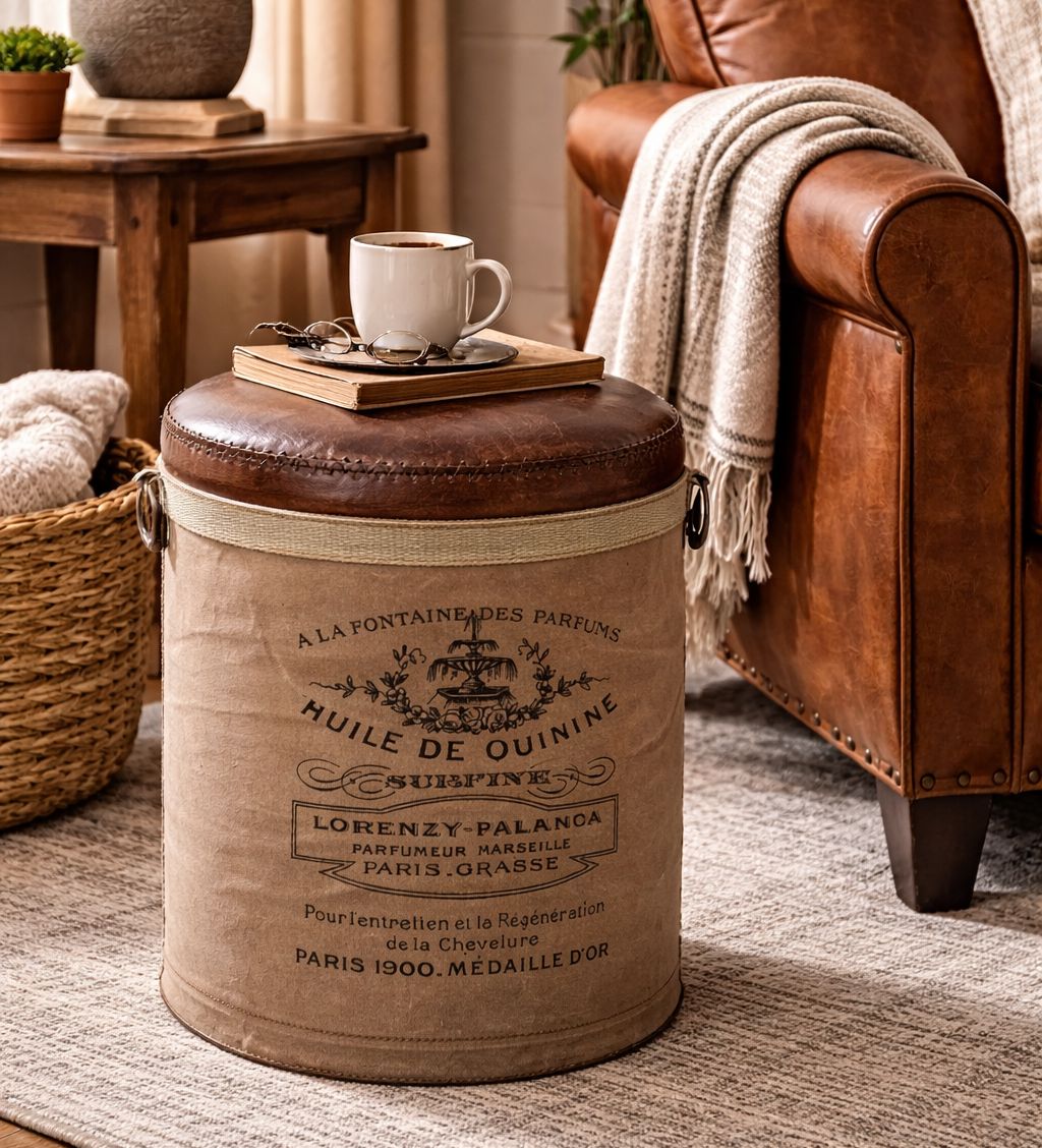 FRENCH CANVAS LEATHER PERFUME OTTOMAN Philbee Interiors 
