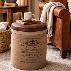 FRENCH CANVAS LEATHER PERFUME OTTOMAN Philbee Interiors 