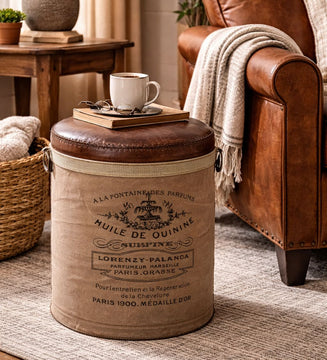 FRENCH CANVAS LEATHER PERFUME OTTOMAN Philbee Interiors 
