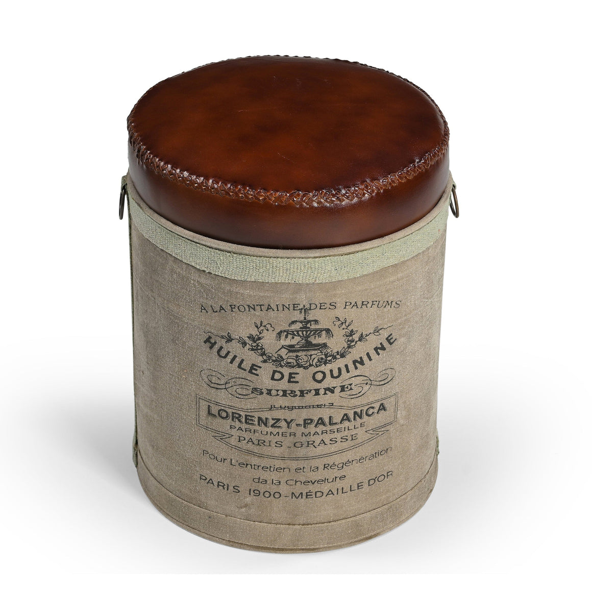 FRENCH CANVAS LEATHER PERFUME OTTOMAN Philbee Interiors 