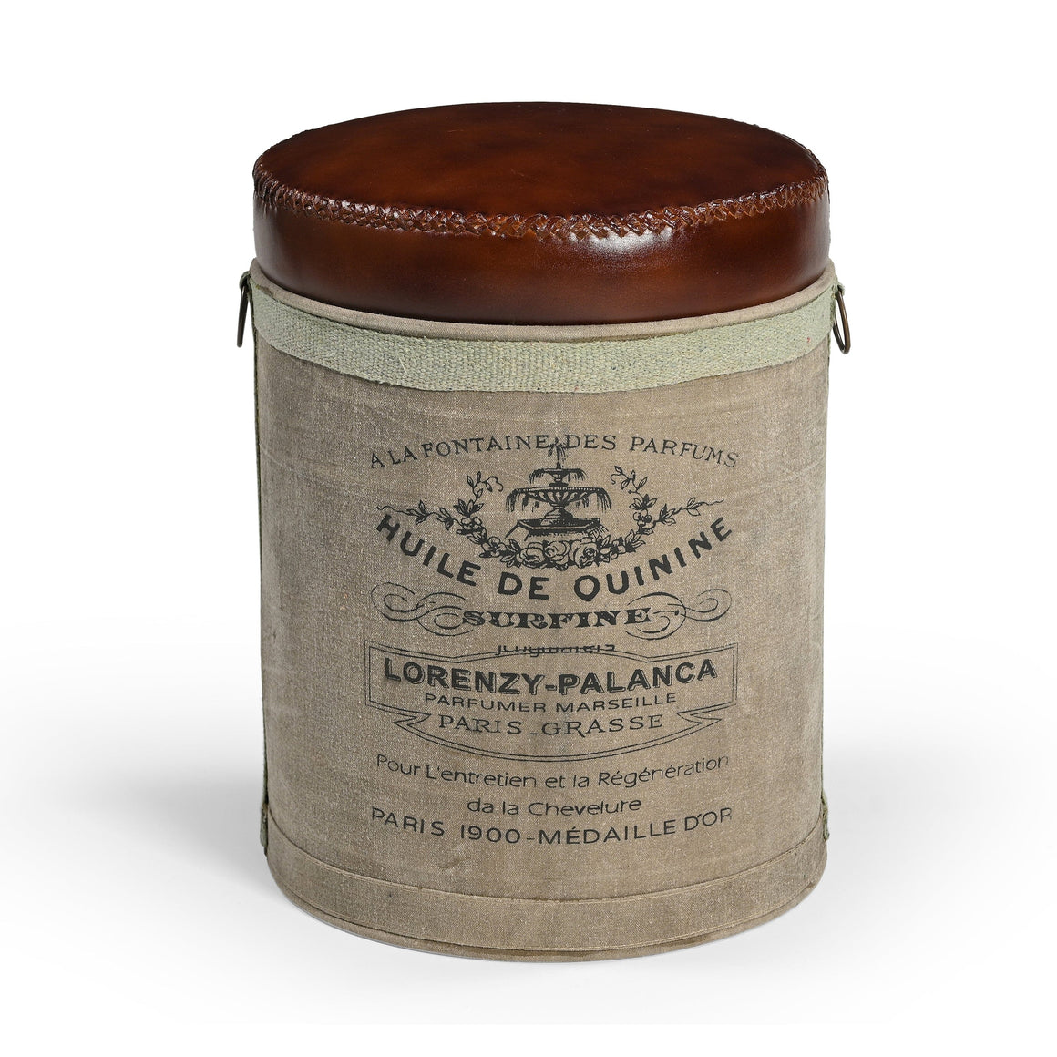 FRENCH CANVAS LEATHER PERFUME OTTOMAN Philbee Interiors 