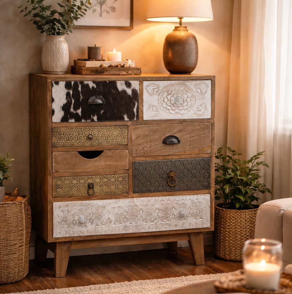 SCANDI HAND MADE SOLID TIMBER COWHIDE CABINET Cabinets & Storage Philbee Interiors 