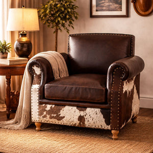 RIVERINA HAND MADE COWHIDE AND GENUINE LEATHER ARM CHAIR Furniture Philbee Interiors 