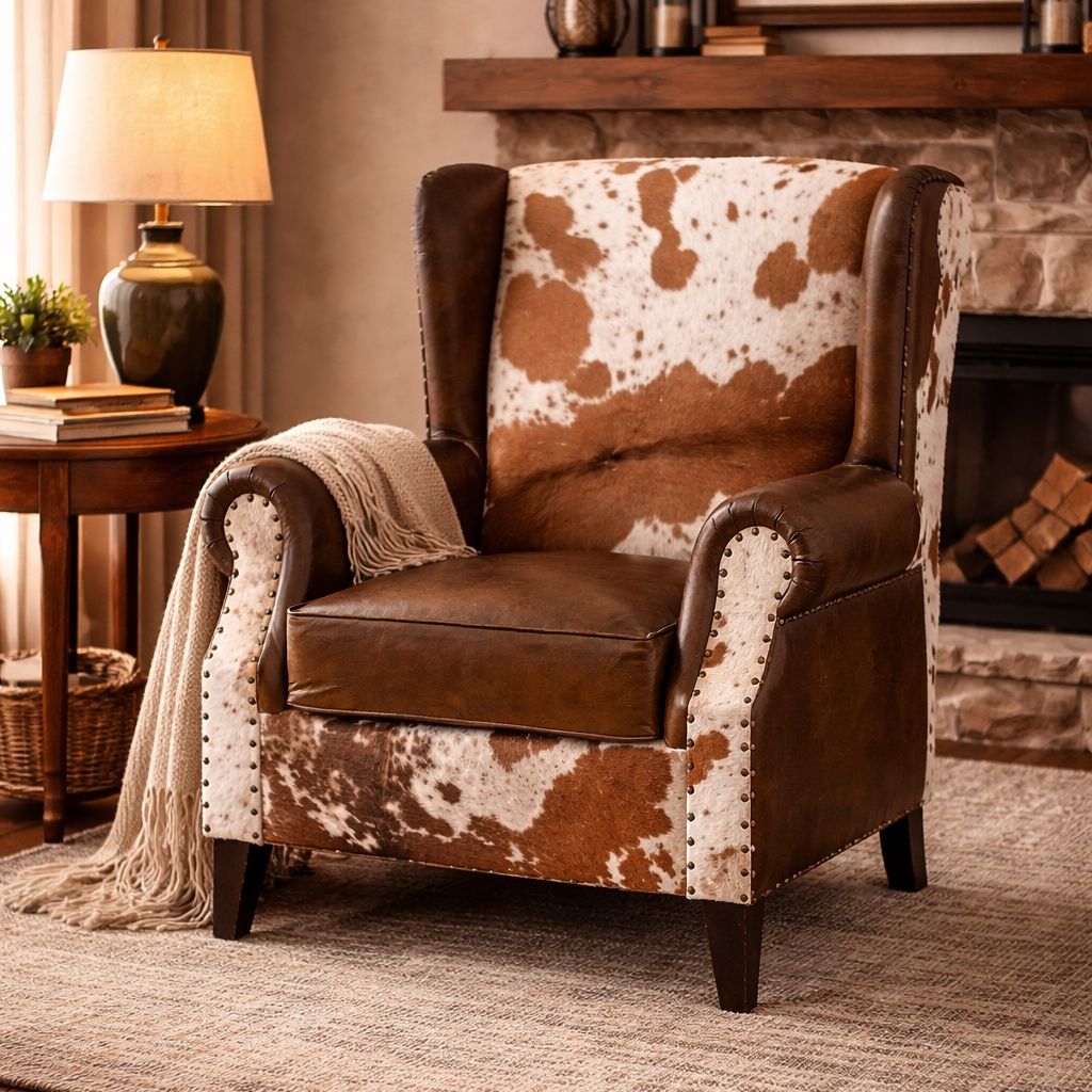 JOELENE HAND MADE COWHIDE AND GENUINE LEATHER ARM CHAIR Furniture Philbee Interiors 