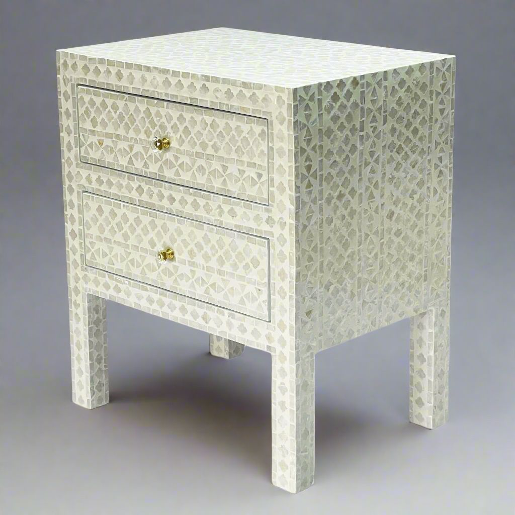 MOTHER OF PEARL NOIR BEDSIDE TABLE CREAM HUE SIDE TABLE Philbee Interiors 