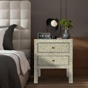 MOTHER OF PEARL NOIR BEDSIDE TABLE CREAM HUE SIDE TABLE Philbee Interiors 