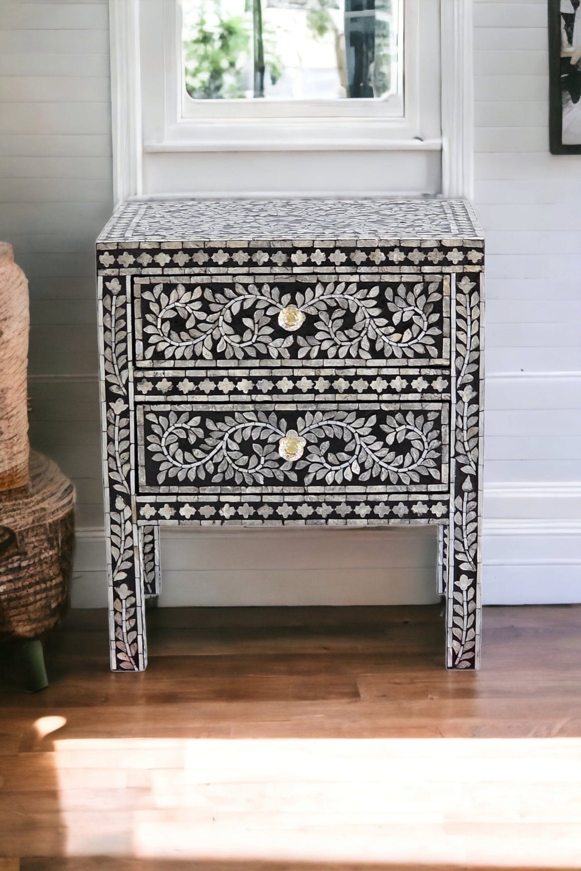 MOTHER OF PEARL NOIR BEDSIDE TABLE BEDSIDE Philbee Interiors 