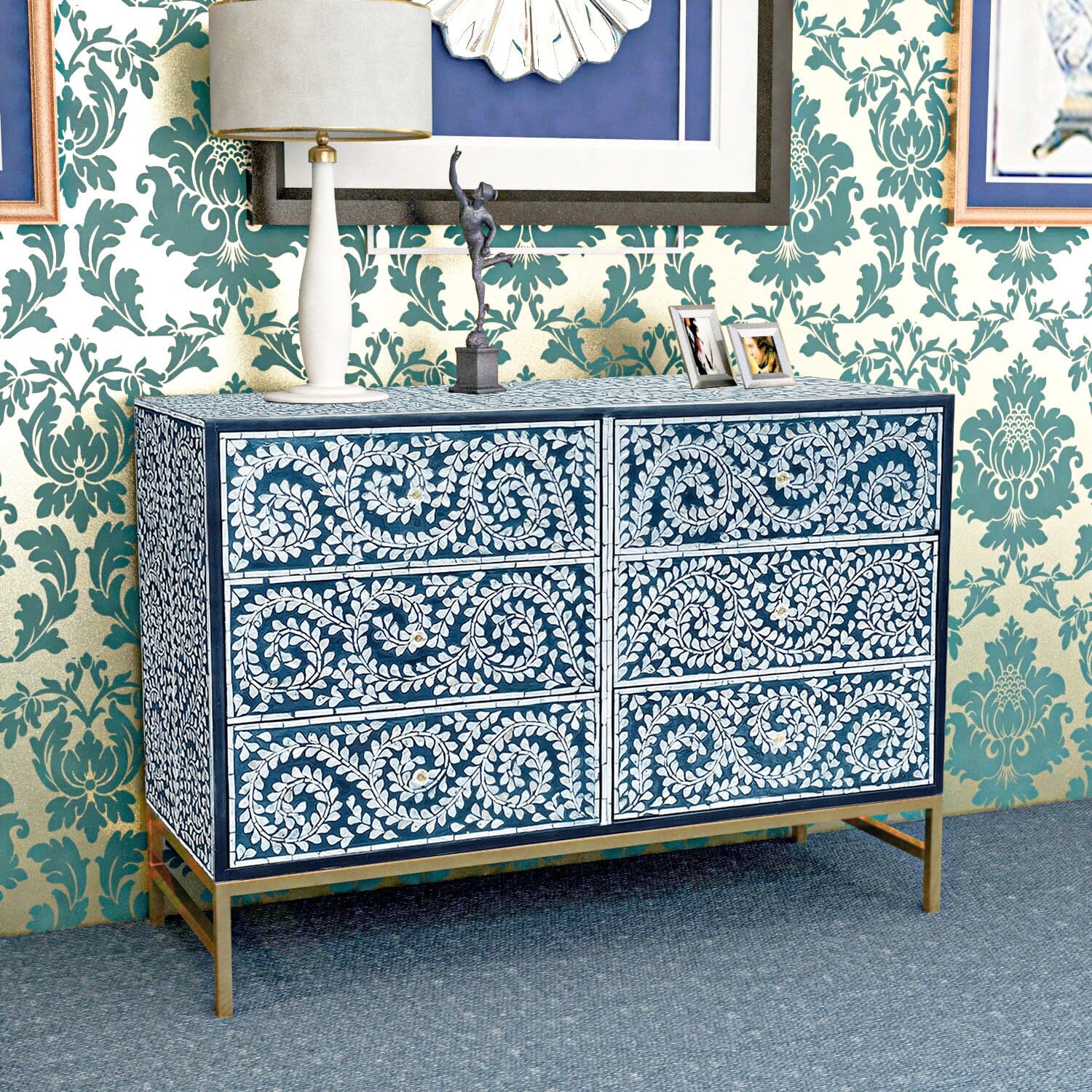 MOTHER OF PEARL ENCHANTING VINE CHEST OF DRAWERS BLUE HUE Cabinets & Storage Philbee Interiors 