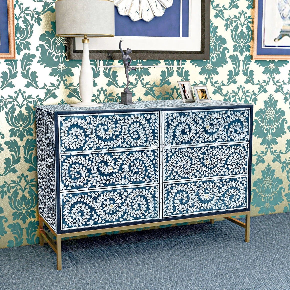 MOTHER OF PEARL ENCHANTING VINE CHEST OF DRAWERS BLUE HUE Cabinets & Storage Philbee Interiors 