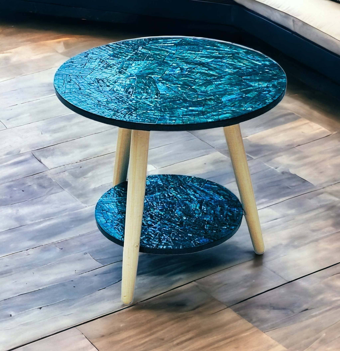MOTHER OF PEARL AQUAMARINE REFLECTIONS TW0-TIERED SIDE TABLE Coffee Tables Philbee Interiors 