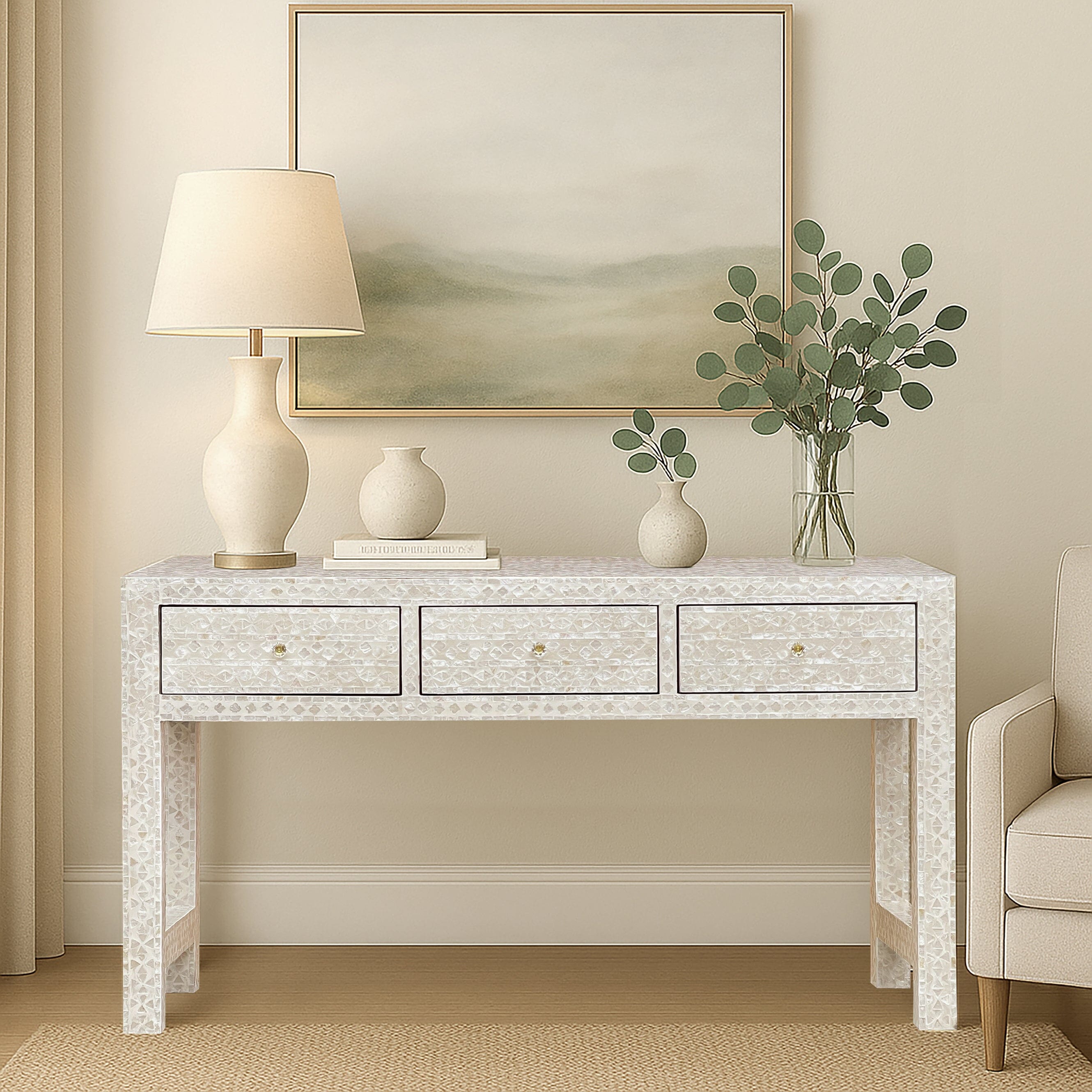 MOTHER OF PEARL OPULENT 3 DRAWER CONSOLE TABLE LIGHT HUE CONSOLE TABLE Philbee Interiors 