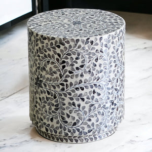 MOTHER OF PEARL SWIRLING LEAF CREAM SIDE TABLE/STOOL SIDE TABLE Philbee Interiors 