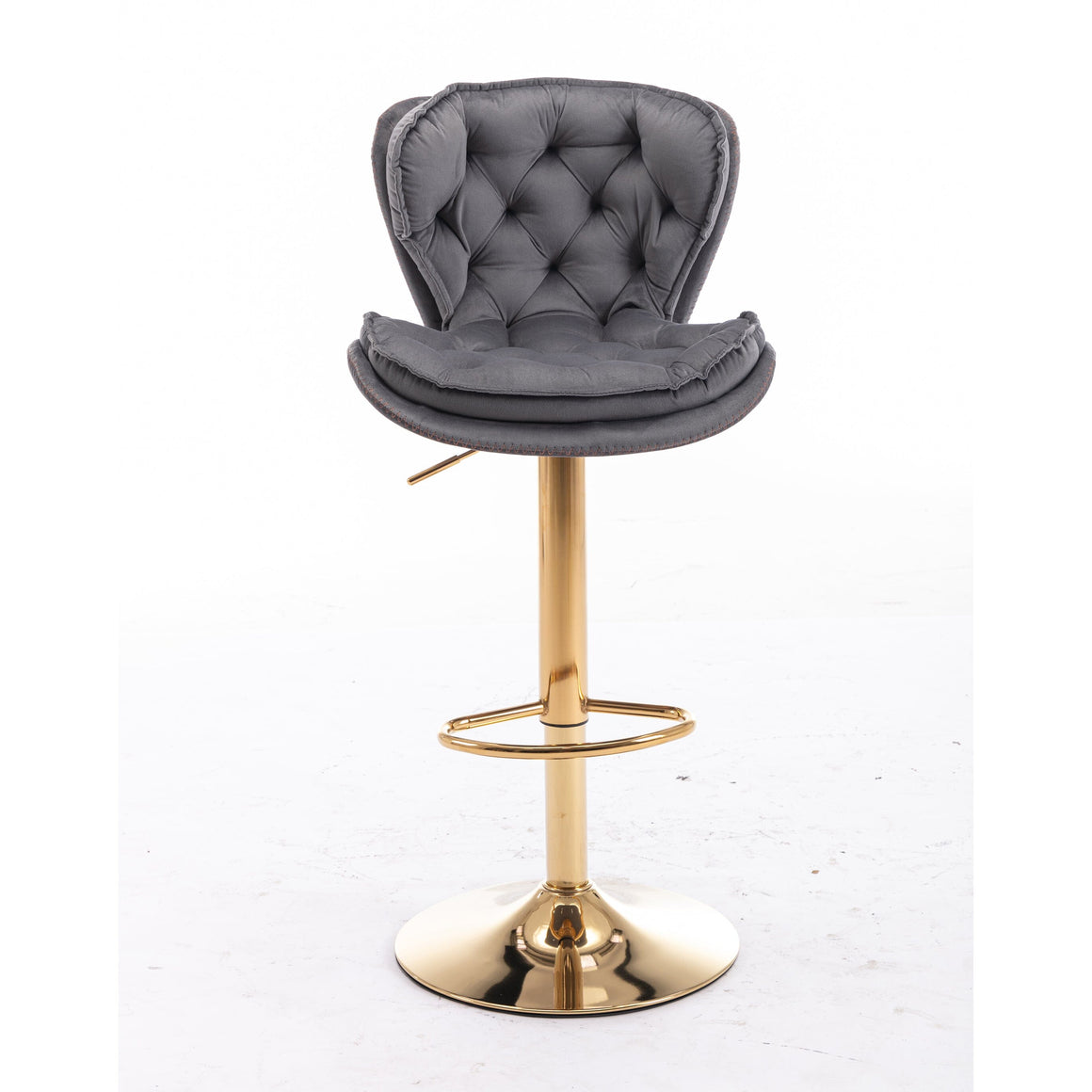 PLUSH VELVET GREY AND GOLD GAS LIFT BAR STOOL Table & Bar Stools Philbee Interiors 