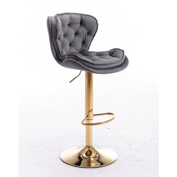 PLUSH VELVET GREY AND GOLD GAS LIFT BAR STOOL Table & Bar Stools Philbee Interiors 