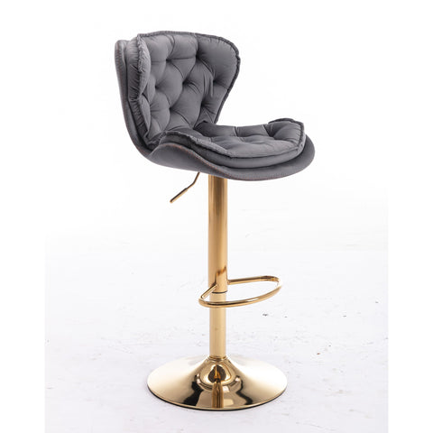 PLUSH VELVET GREY AND GOLD GAS LIFT BAR STOOL Table & Bar Stools Philbee Interiors 