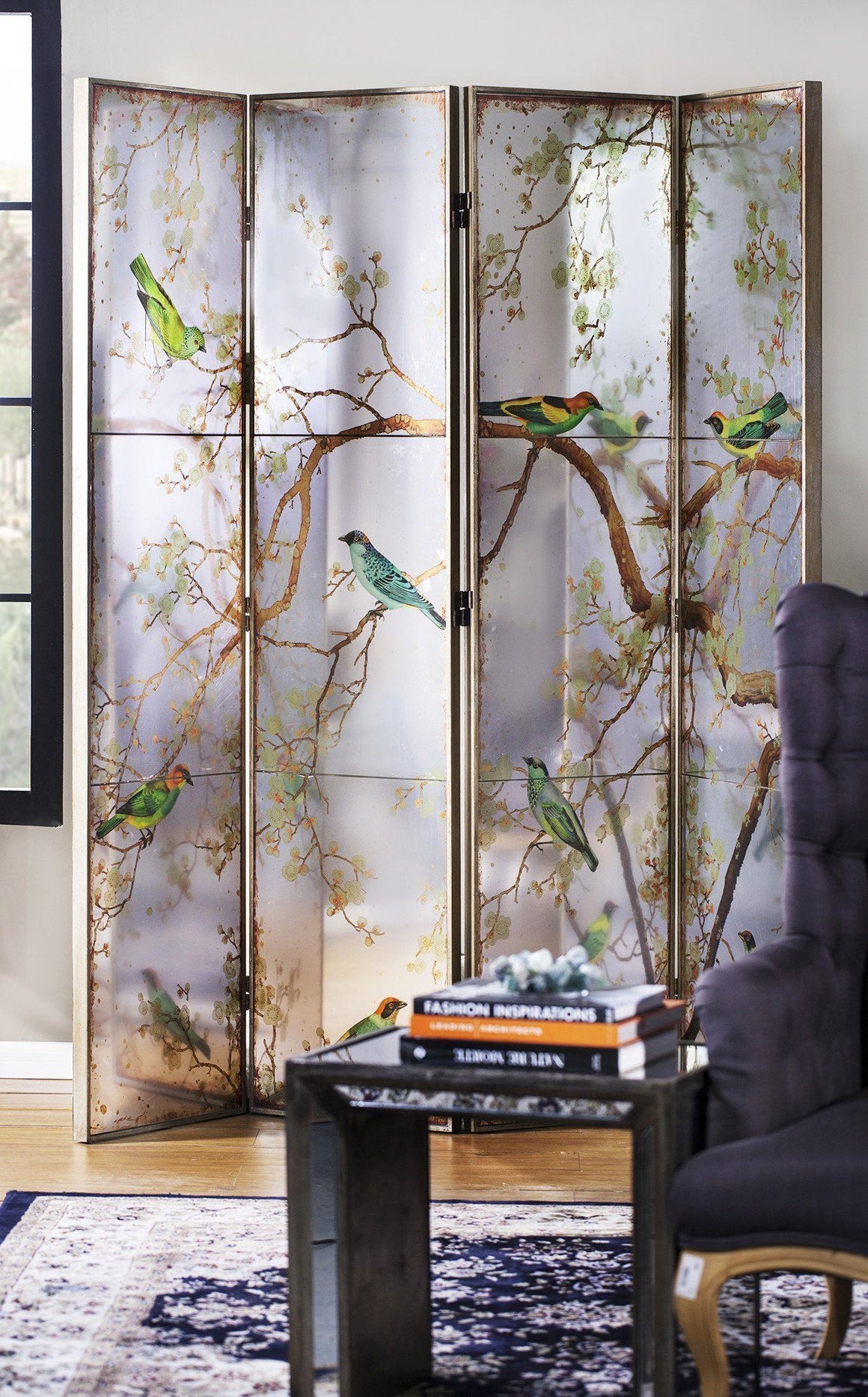 EXOTIC MELODIES MIRROR BIRD DRESSING SCREEN/ROOM DIVIDER Philbee Interiors 