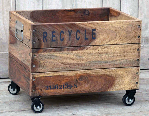 INDUSTRIAL RECYCLE BASKET ON CAST IRON WHEELS Philbee Interiors 