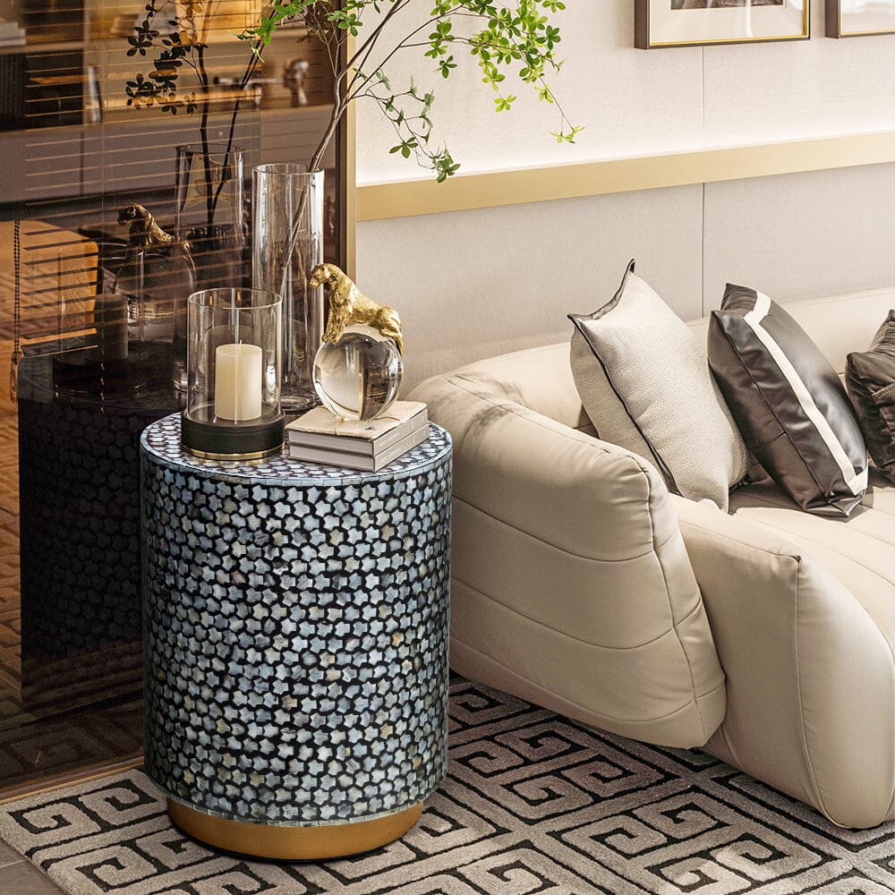 MILA CIRCULAR SHELL INLAY TABLE/STOOL SIDE TABLE Philbee Interiors 